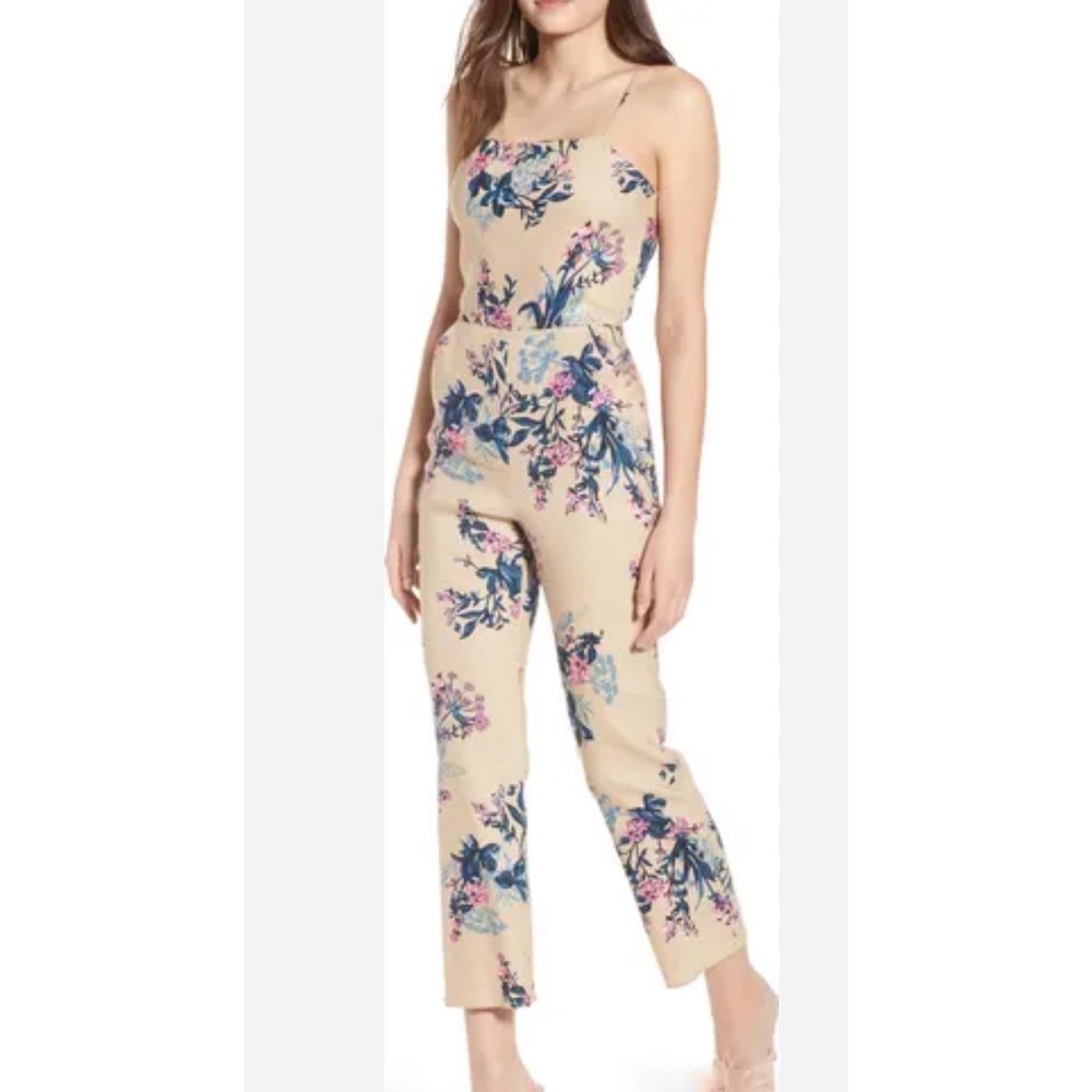 Leith Floral Jumpsuit‎ Womens Small Tan Pink Blue Cutout Back Summer Boho Chic